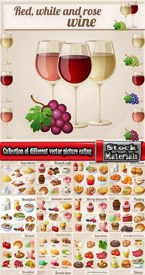 Collection of different vector picture eating fast food fruit vegetable sweet pies