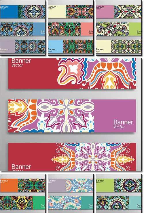 Graphic trendy banners set. Abstract geometric header vector background, doodle card with place - Vector