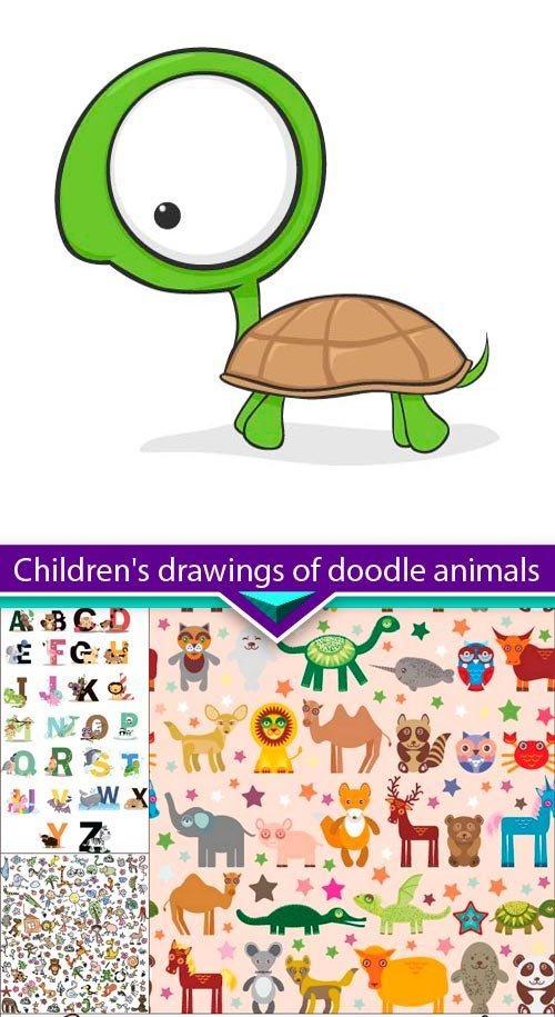 Children's drawings of doodle animals 7X EPS