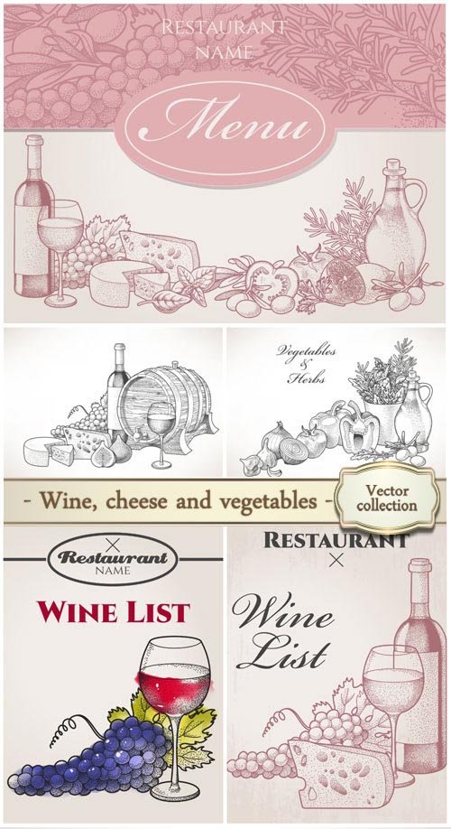 Hand drawn restaurant menu with wine, cheese and vegetables