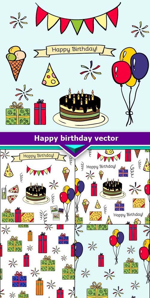 Happy birthday vector doodle hand-drawn seamless pattern of colorful 7x EPS