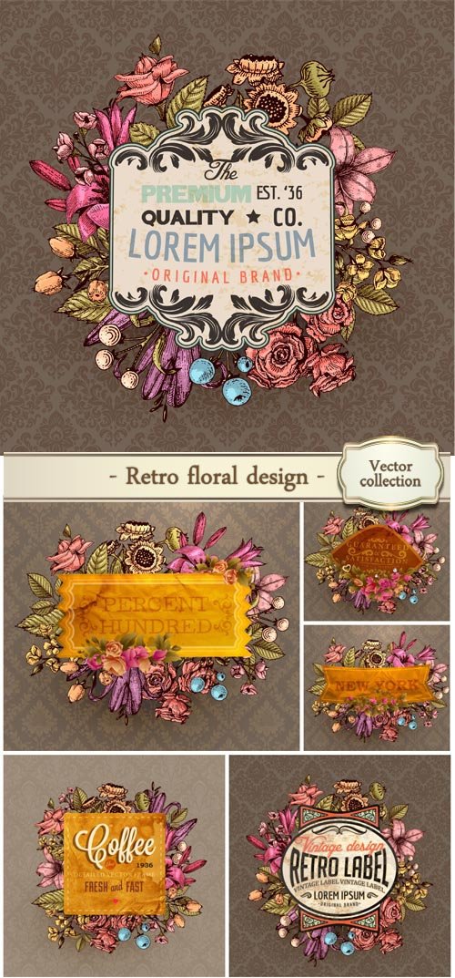 Vintage vector card, retro floral design