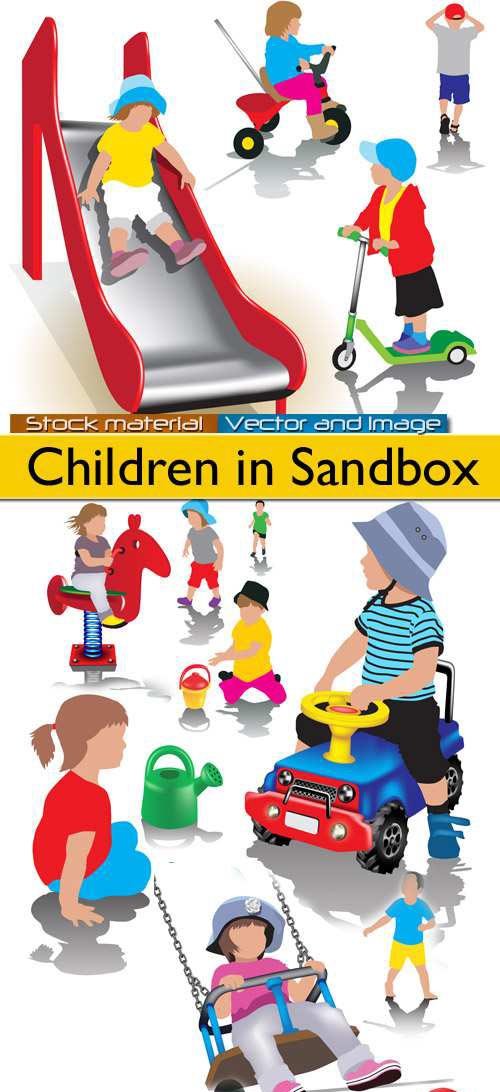 Children in the sandbox and swings and slides in Vector