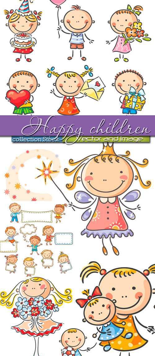 Happy children with balloons, cake and flowers in Vector