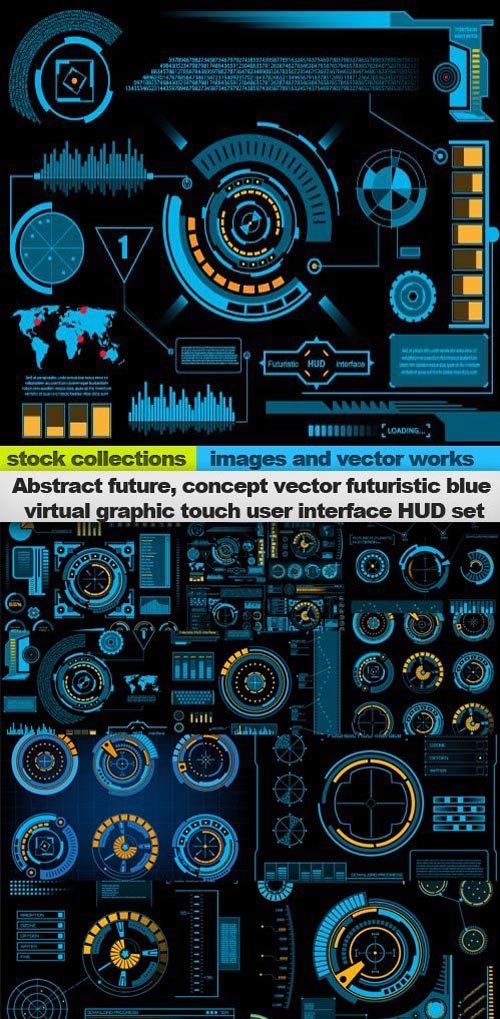 Abstract future, concept vector futuristic blue virtual graphic touch user interface HUD set, 20 x EPS