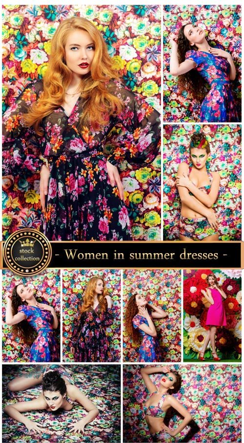 Women in summer dresses on a floral background - Stock photo