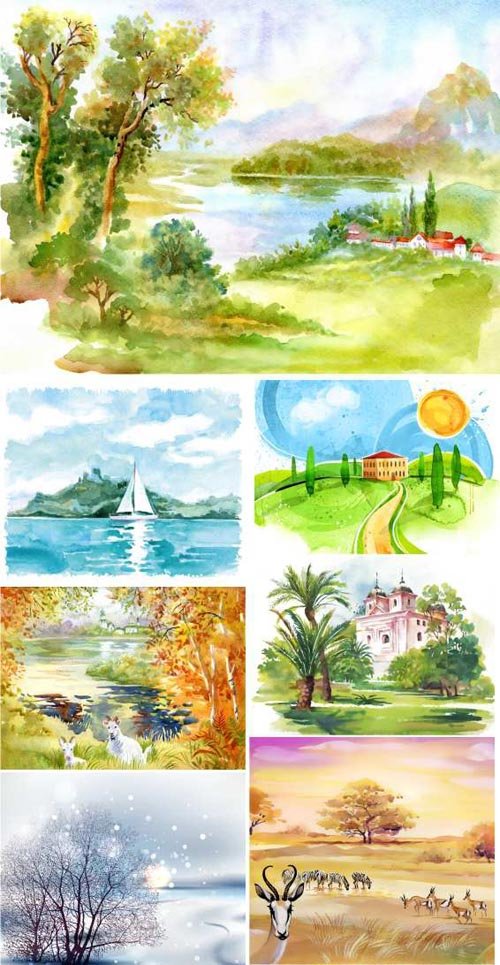 Watercolor nature landscapes, 25xEPS