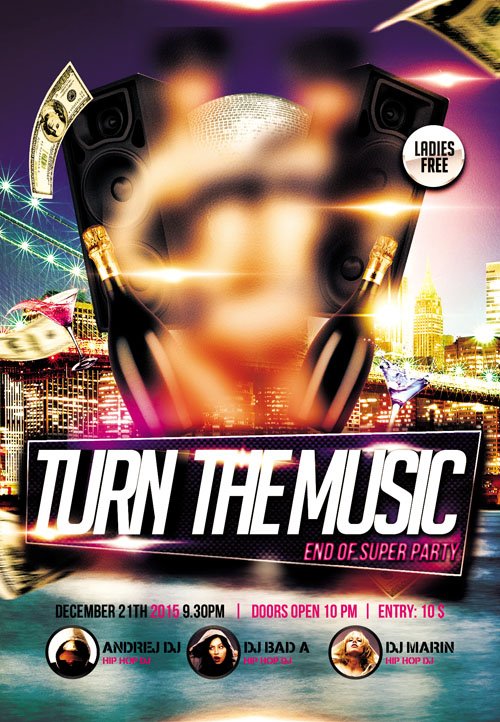 Flyer PSD Template - Turn The Music Up Party + Facebook Cover