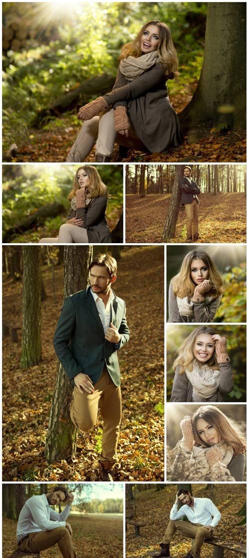 Man and woman in the autumn forest - Stock photo