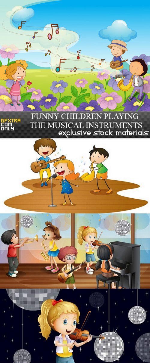 Funny Children Playing the Musical Instruments - 5xEPS