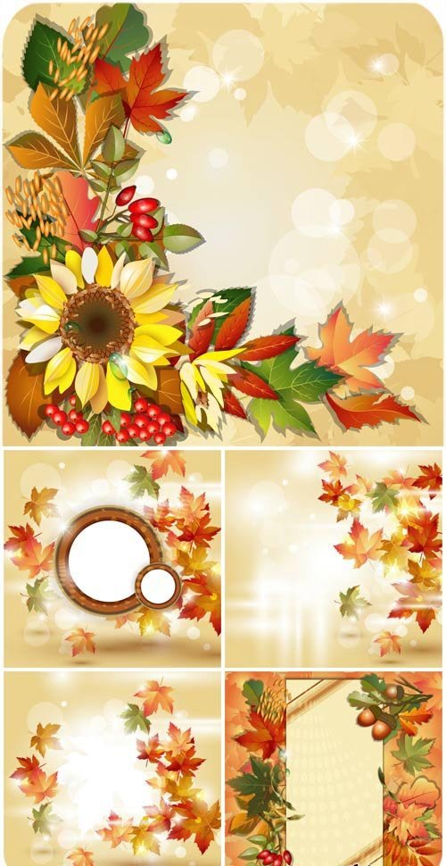 Autumn vector background with sunflowers and leaves