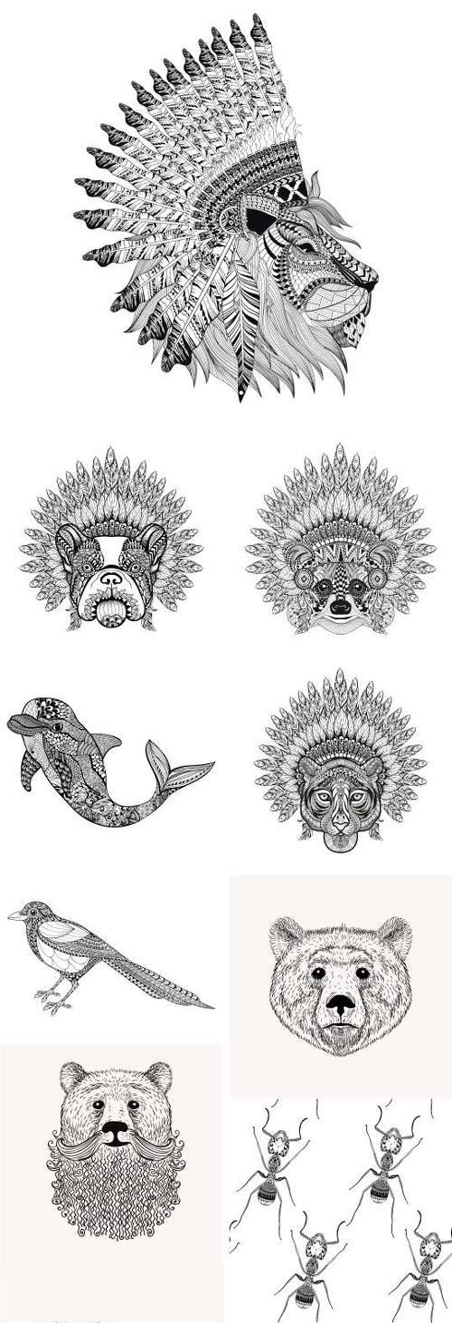 Ornamental animals. T-shirt print. Hand drawn sketch vector illustration for tattoos. Boho style, 25xEPS