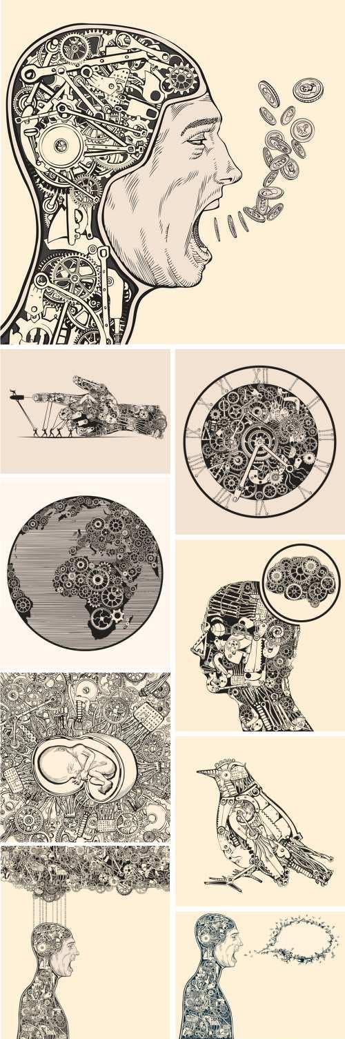 Mechanism Concept: Human, Hand, Clock, Cogwheel World, Metal Bird, Steampunk tree, 25xEPS