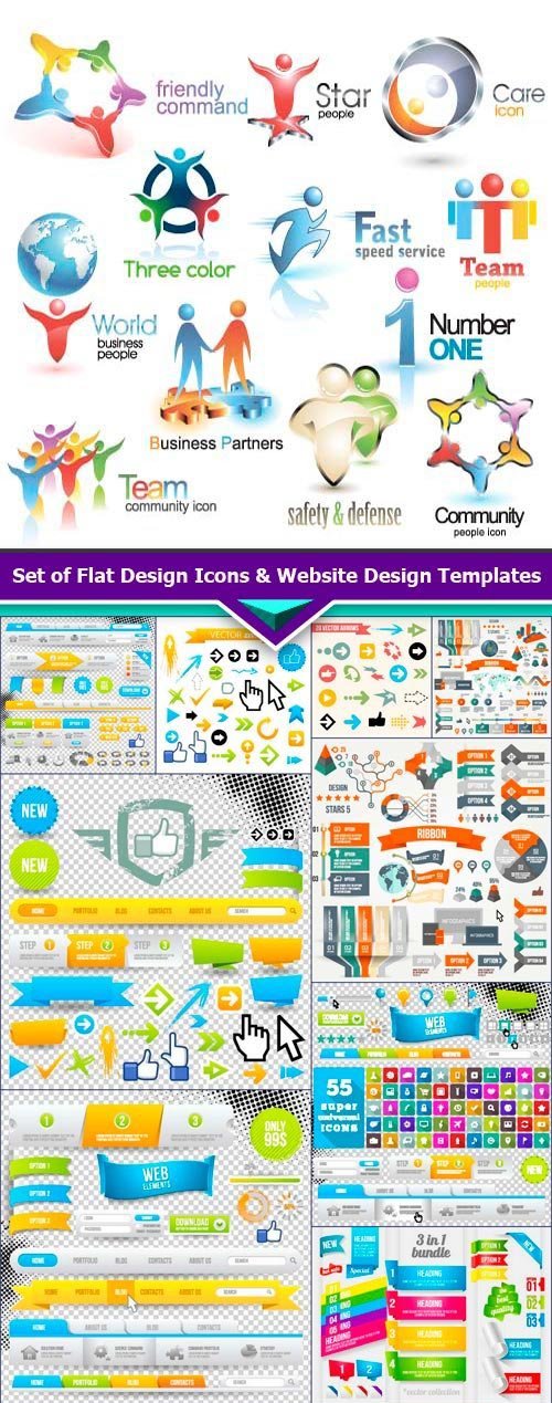 Set of Flat Design Icons & Website Design Templates 13X EPS
