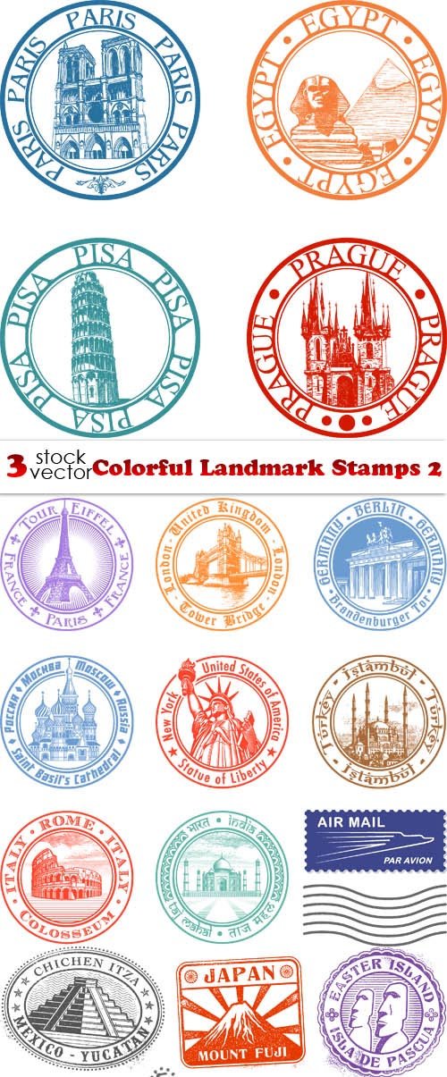 Vectors - Colorful Landmark Stamps 2 
