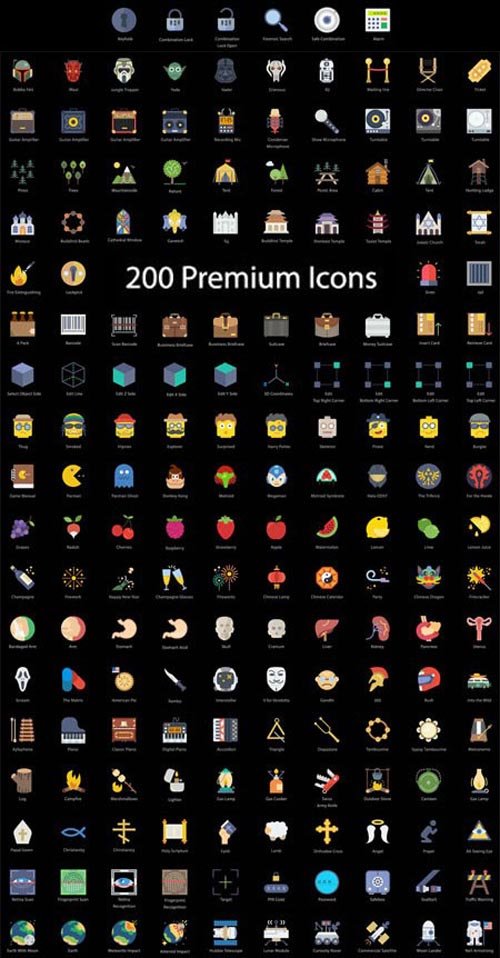 200 Flat Icons in Vector