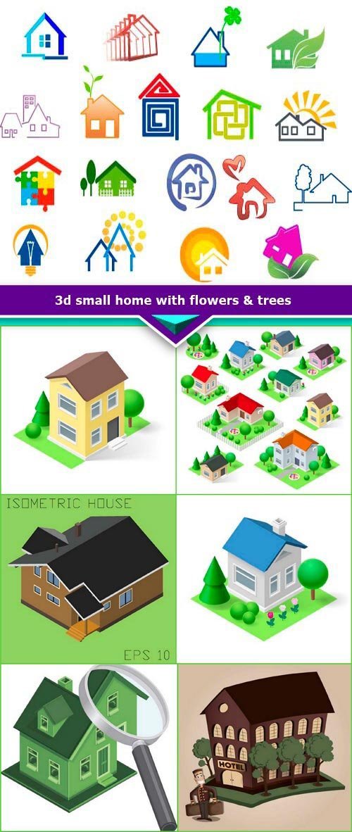 3d small home with flowers & trees 11X EPS