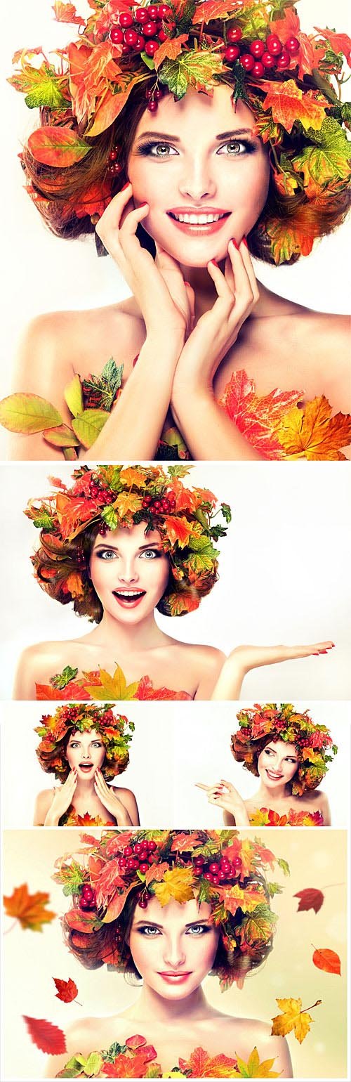 Girl with autumn leaves on the head - stock photos