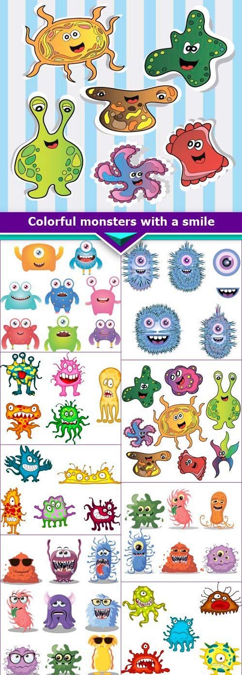 Colorful monsters with a smile 10x EPS