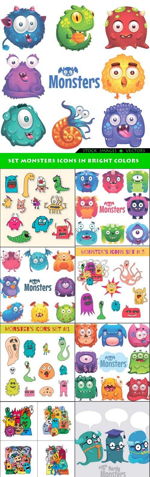 Set monsters icons in bright colors 11x EPS