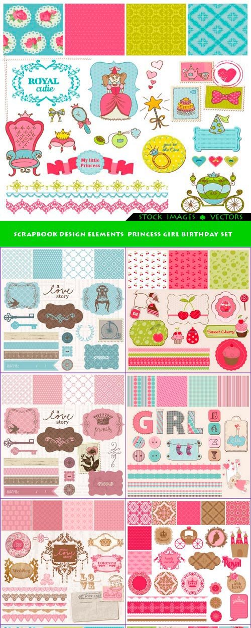 Scrapbook Design Elements Princess Girl Birthday Set 11x EPS