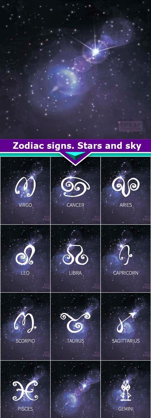 Zodiac signs. Stars and sky 12X EPS