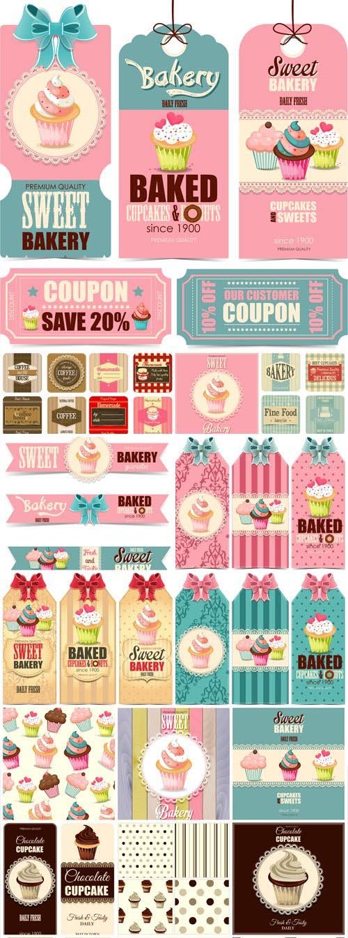 Food labels vector, cupcakes, sweets