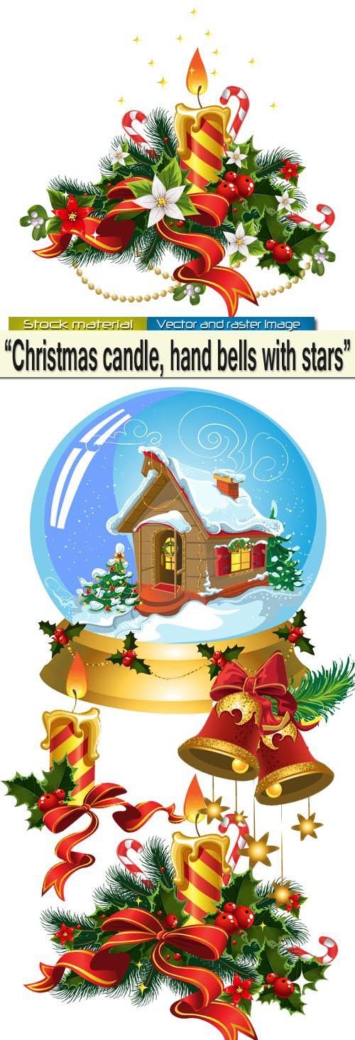 Christmas candle and hand bells with stars