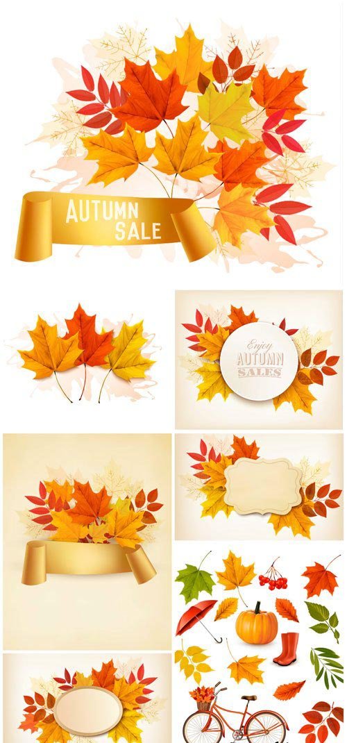 Retro autumn background with colorful leaves and gift card