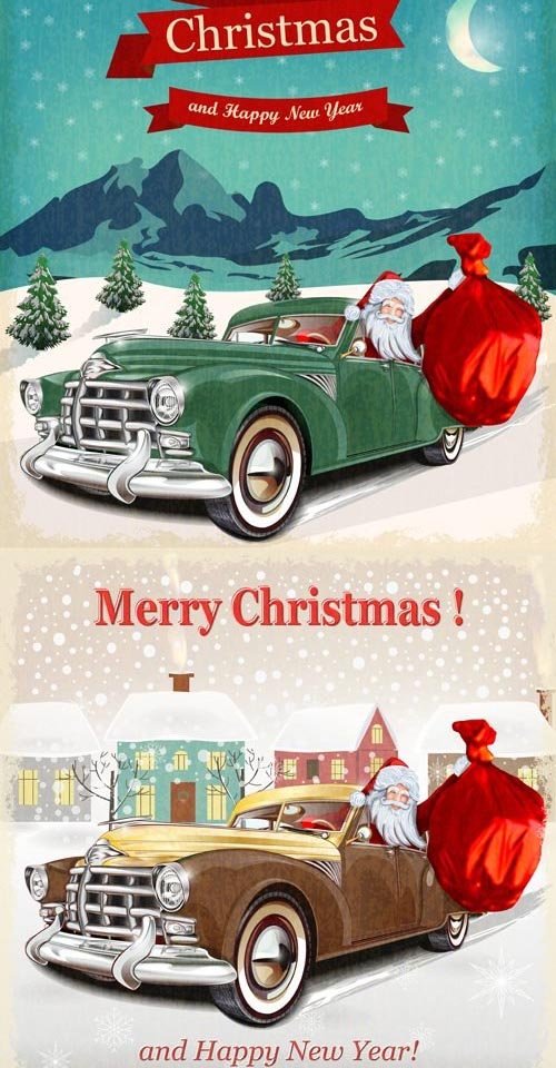 Vintage Christmas Postcard with Car Vector