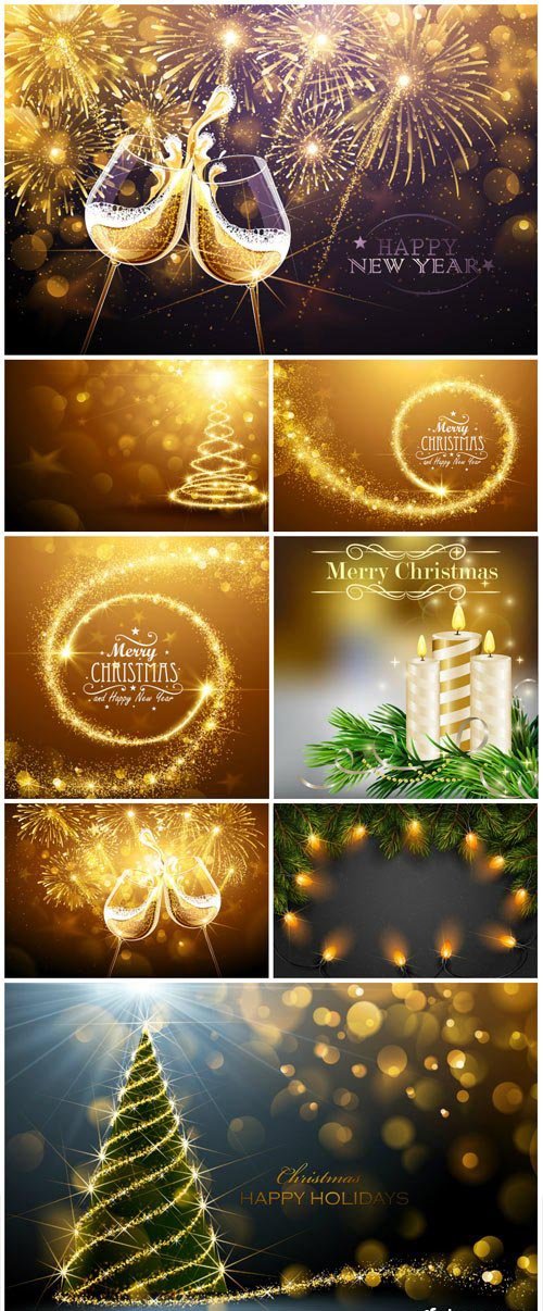Christmas vector background, glasses of champagne, Christmas tree candles
