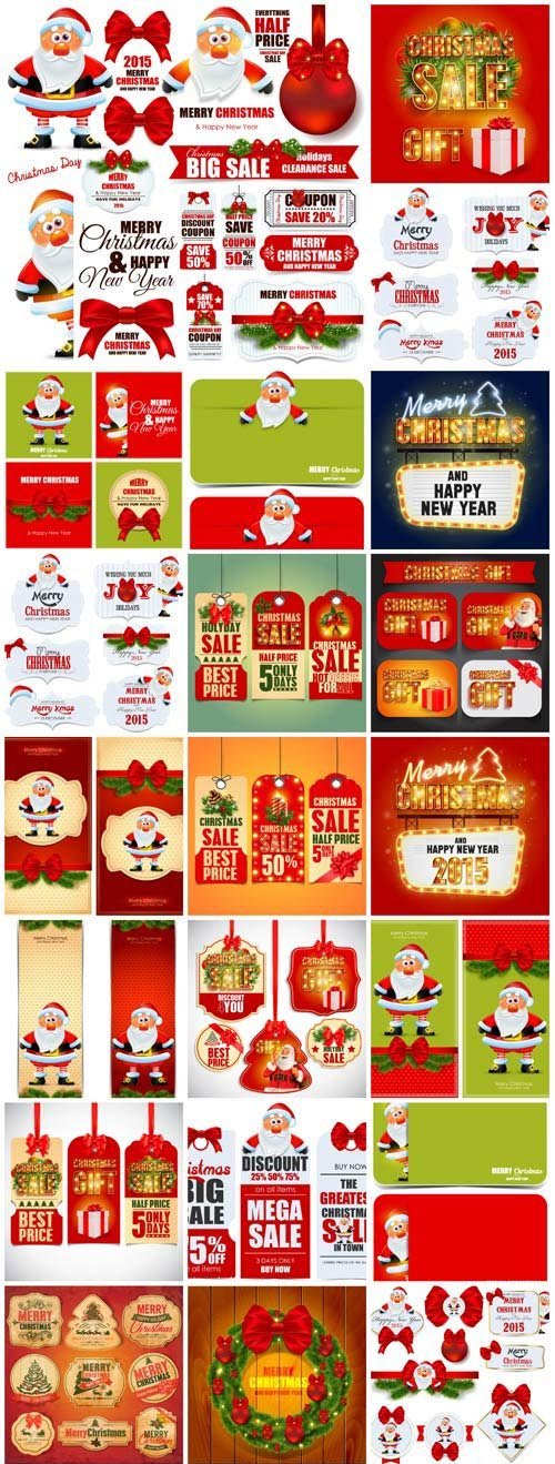 Christmas, New Year, Santa Claus, labels and backgrounds