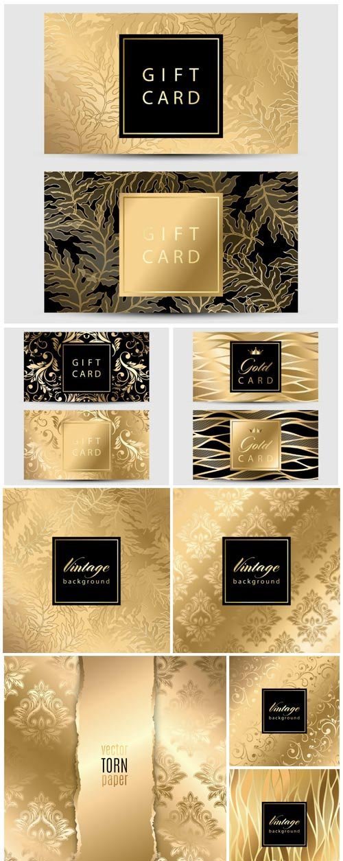 Gold backgrounds and cards with patterns, vector illustration