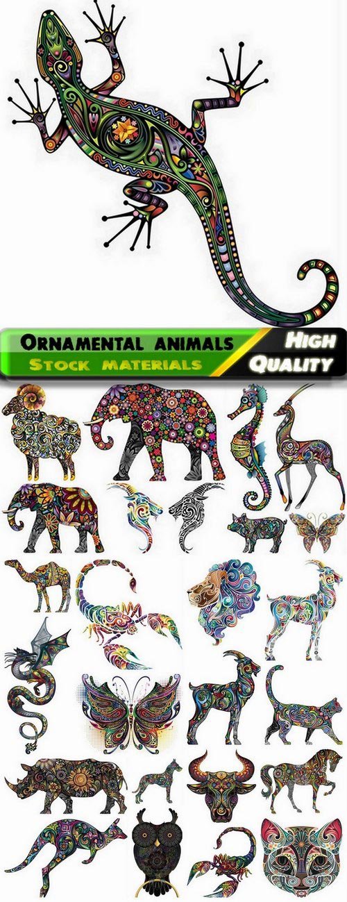 Ornamental colored tattoo of wild animals and pets - 25 Eps