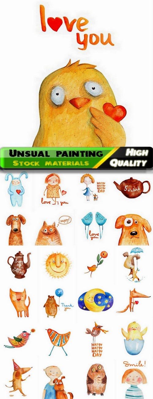Unsual kids watercolor painting creative art - 25 Eps