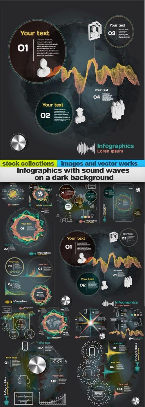 Infographics with sound waves on a dark background, 15 x EPS