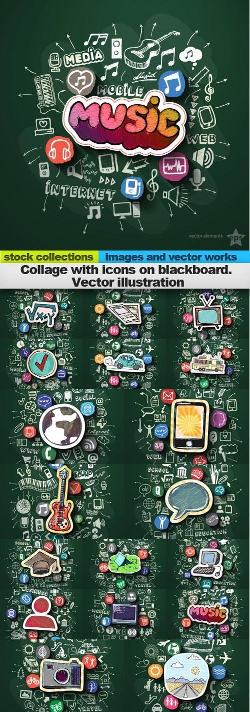 Collage with icons on blackboard. Vector illustration, 20 x EPS