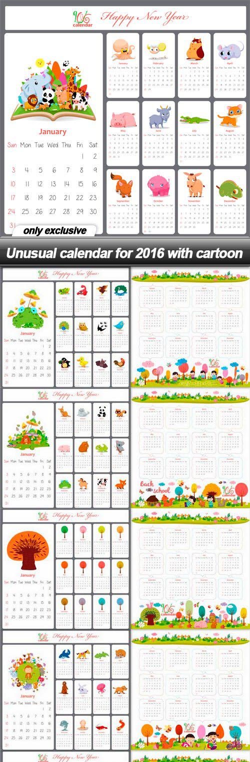 Unusual calendar for 2016 with cartoon - 12 EPS