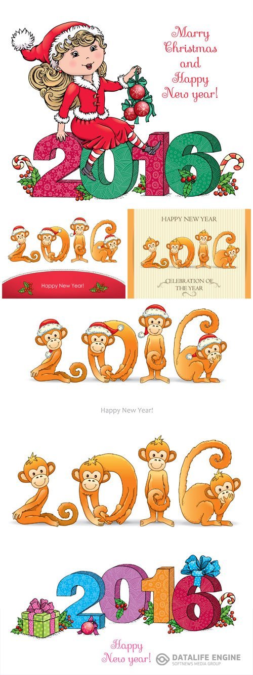 New Year card with monkey in Santa hat