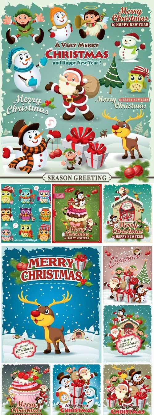 Christmas and New Year, vector background with Santa, snowman and animals