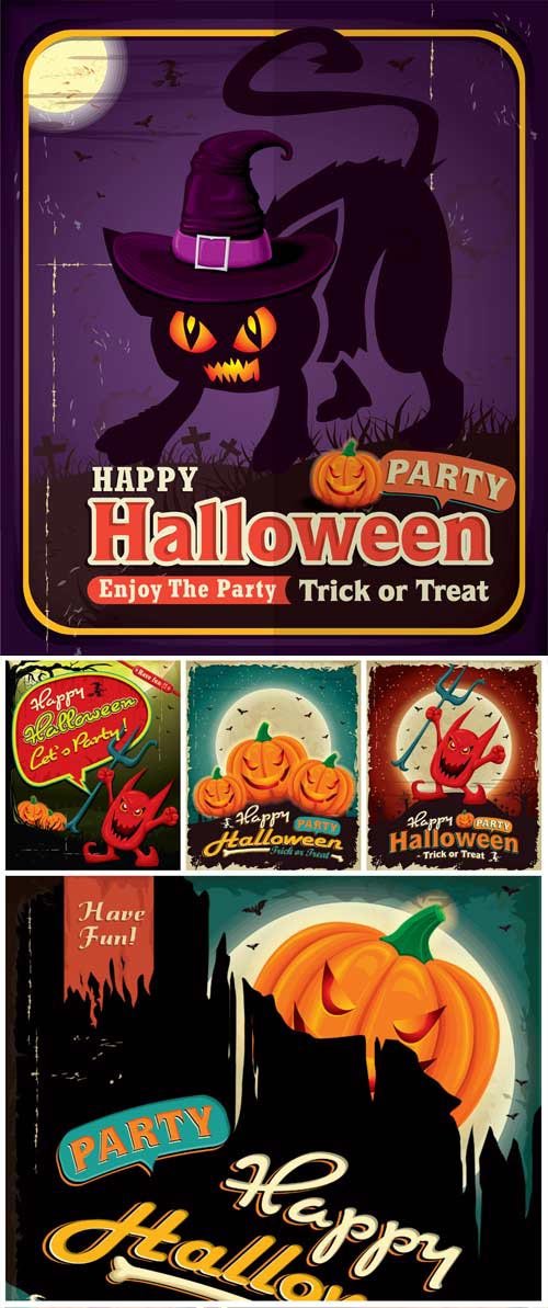 Halloween black cat and pumpkin, vector backgrounds
