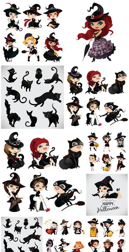 Halloween vector, little witches and black cats