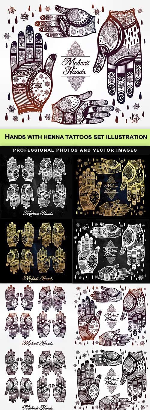 Hands with henna tattoos set illustration - 10 EPS