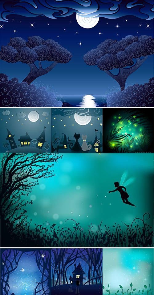 Stock Fireflies in the forest at night vector
