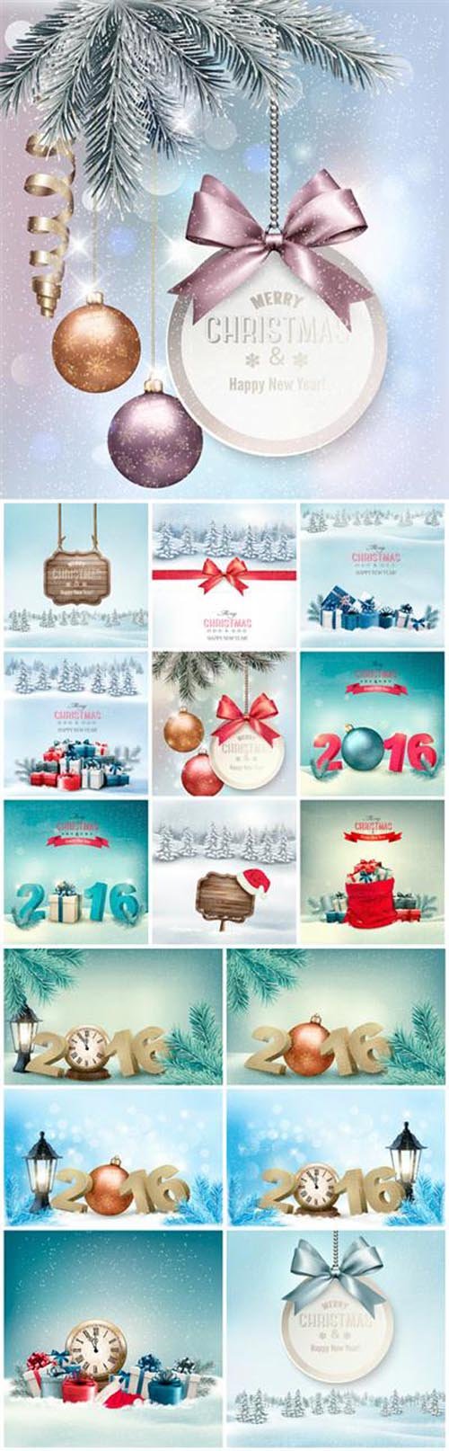 Holiday Christmas background with gift boxes and landscape