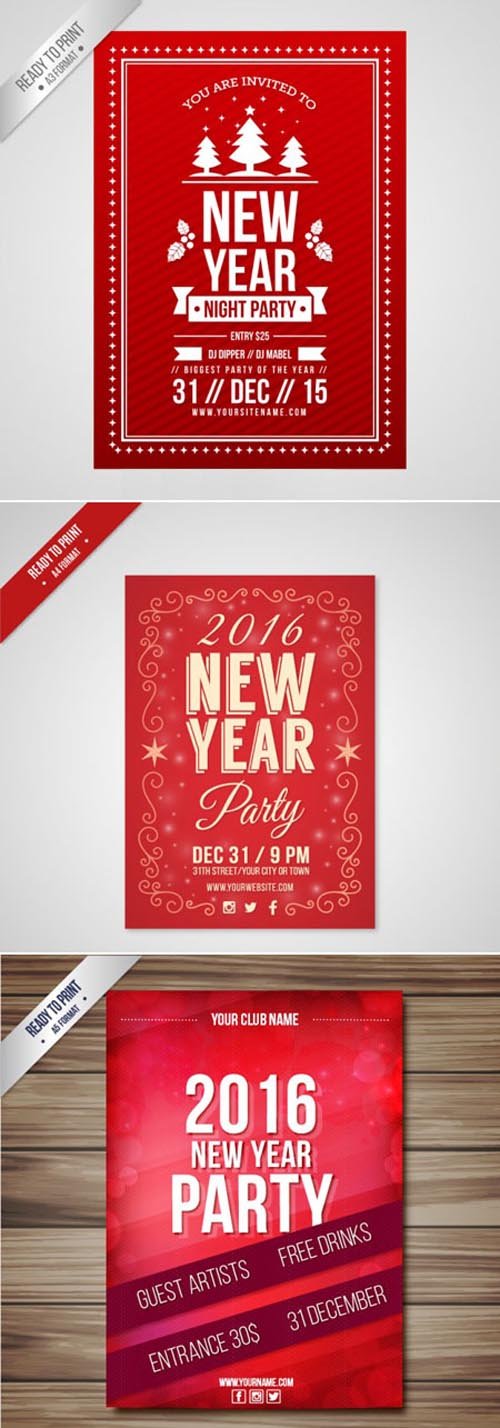 Red New Year 2016 Party Poster Templates in Vector