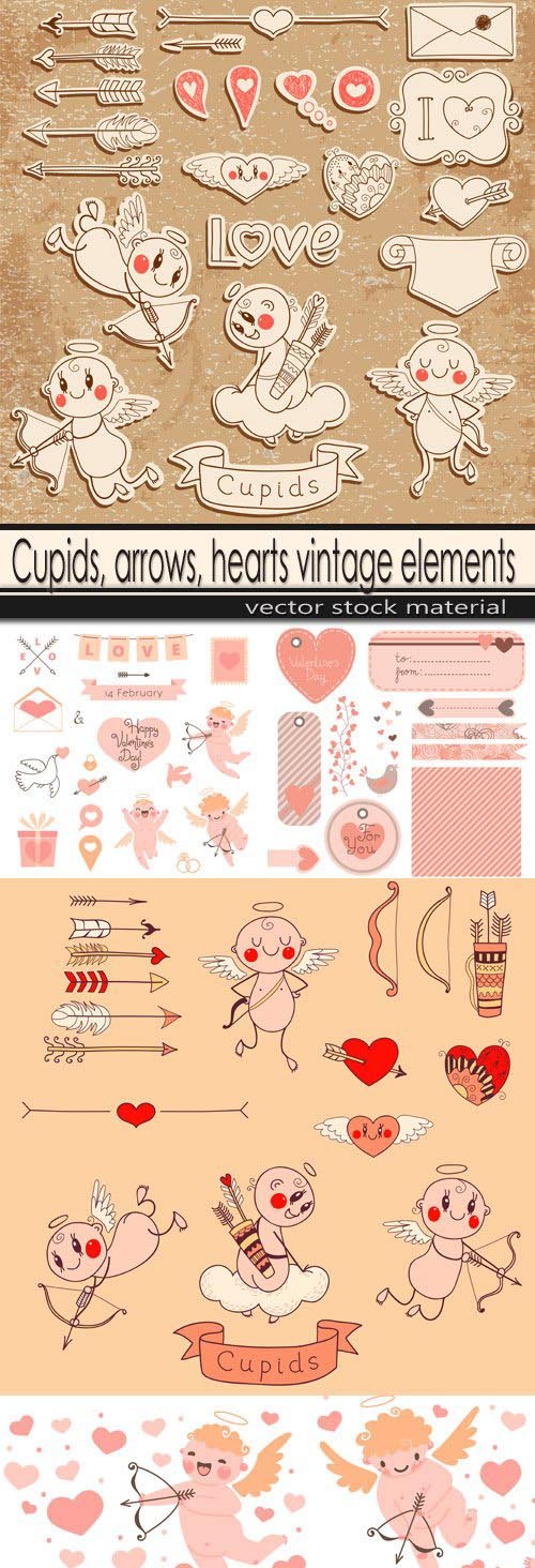 Cupids, arrows, hearts vintage elements