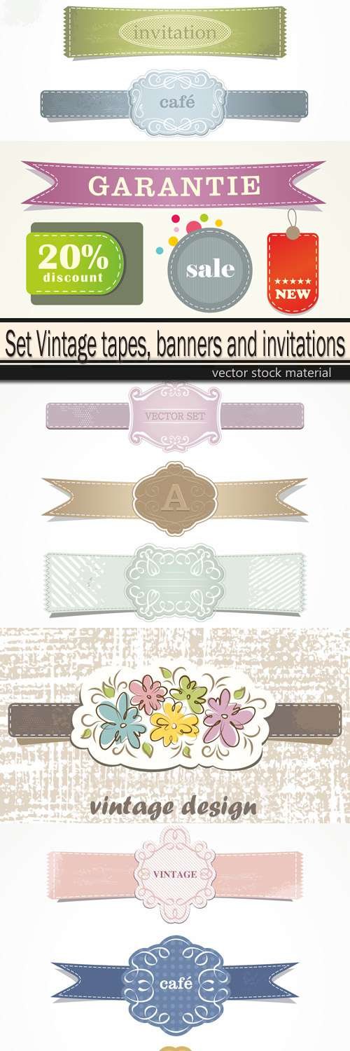 Set Vintage tapes, banners and invitations