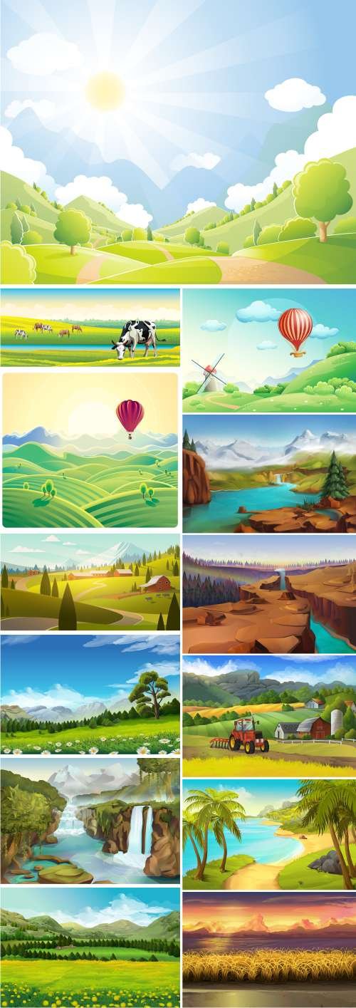 Nature Landscape: Farm, Forest and waterfall, Mountain, Spring, Sunset, Traveler, Tropical beach - 26x EPS