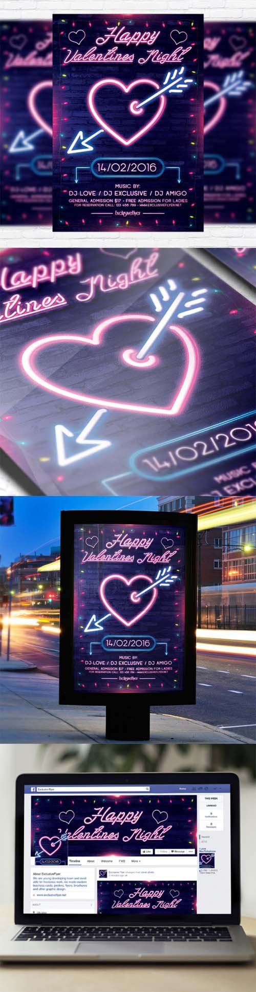Flyer Template - Neon Valentines Night + Facebook Cover